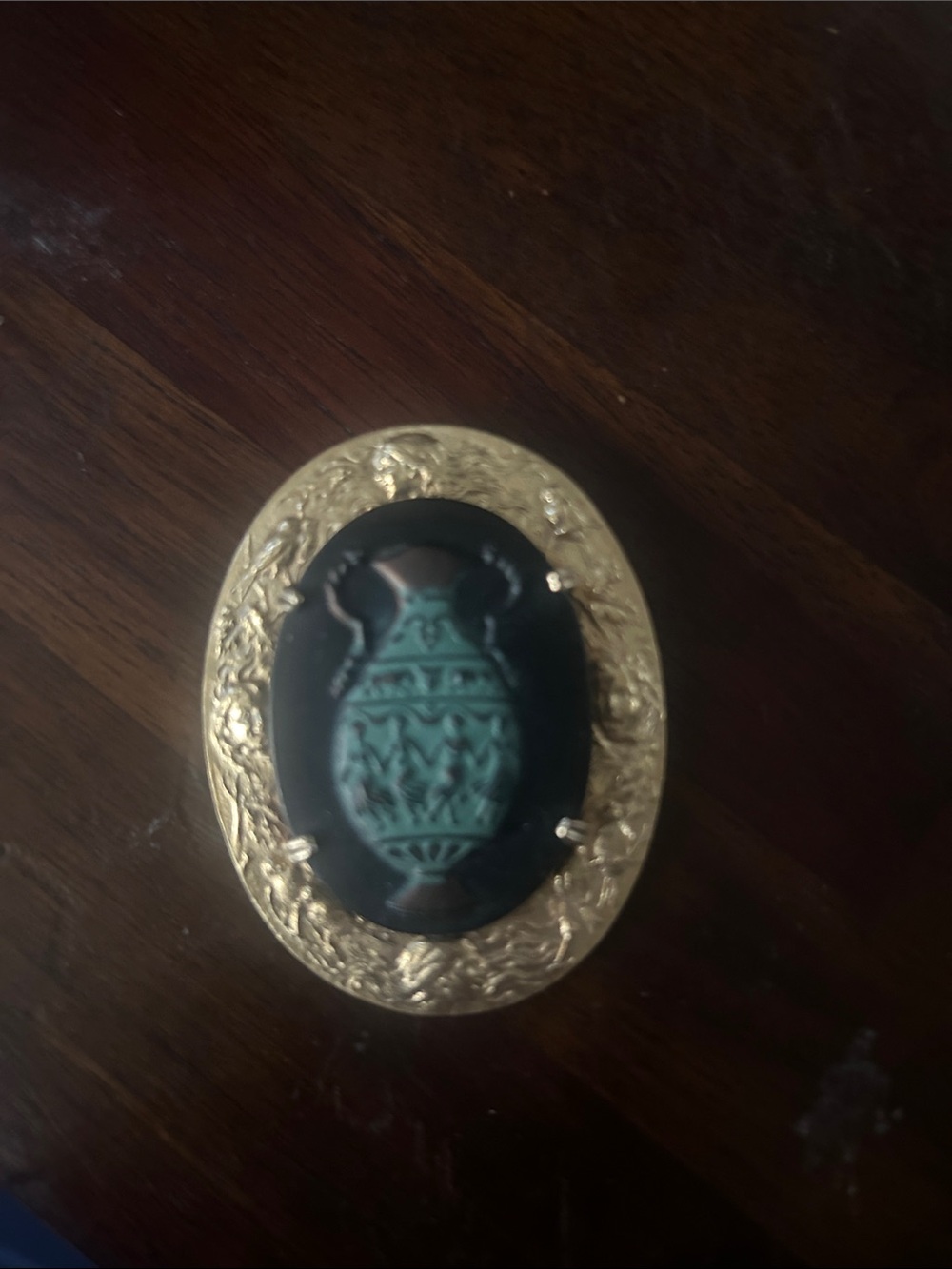 Vintage Style Gold-Tone Black Cameo Brooch with Turquoise Vase Motif